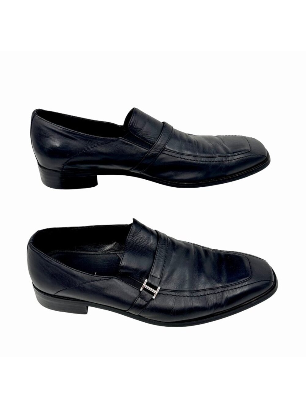 BACCO BUCCI STUDIO MEN'S BLACK LEATHER LOAFERS SQUARE TOE DRESS SHOES - 12